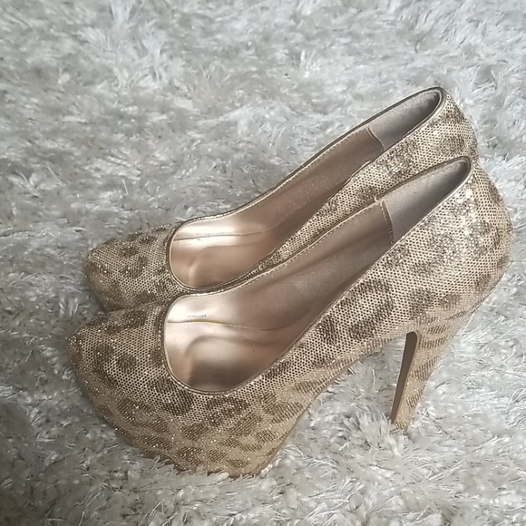 Charlotte Russe Shoes - Gold Sequined Platform Heels